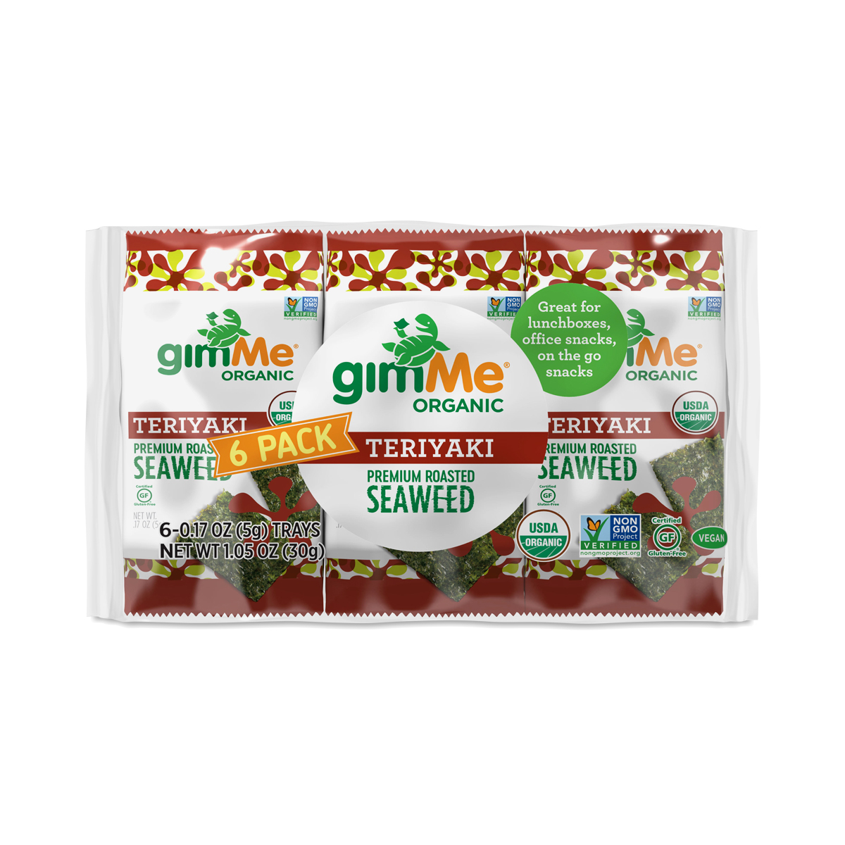 gimMe Organic Seaweed Snacks Multipack, Teriyaki 6 count (0.17 oz each)
