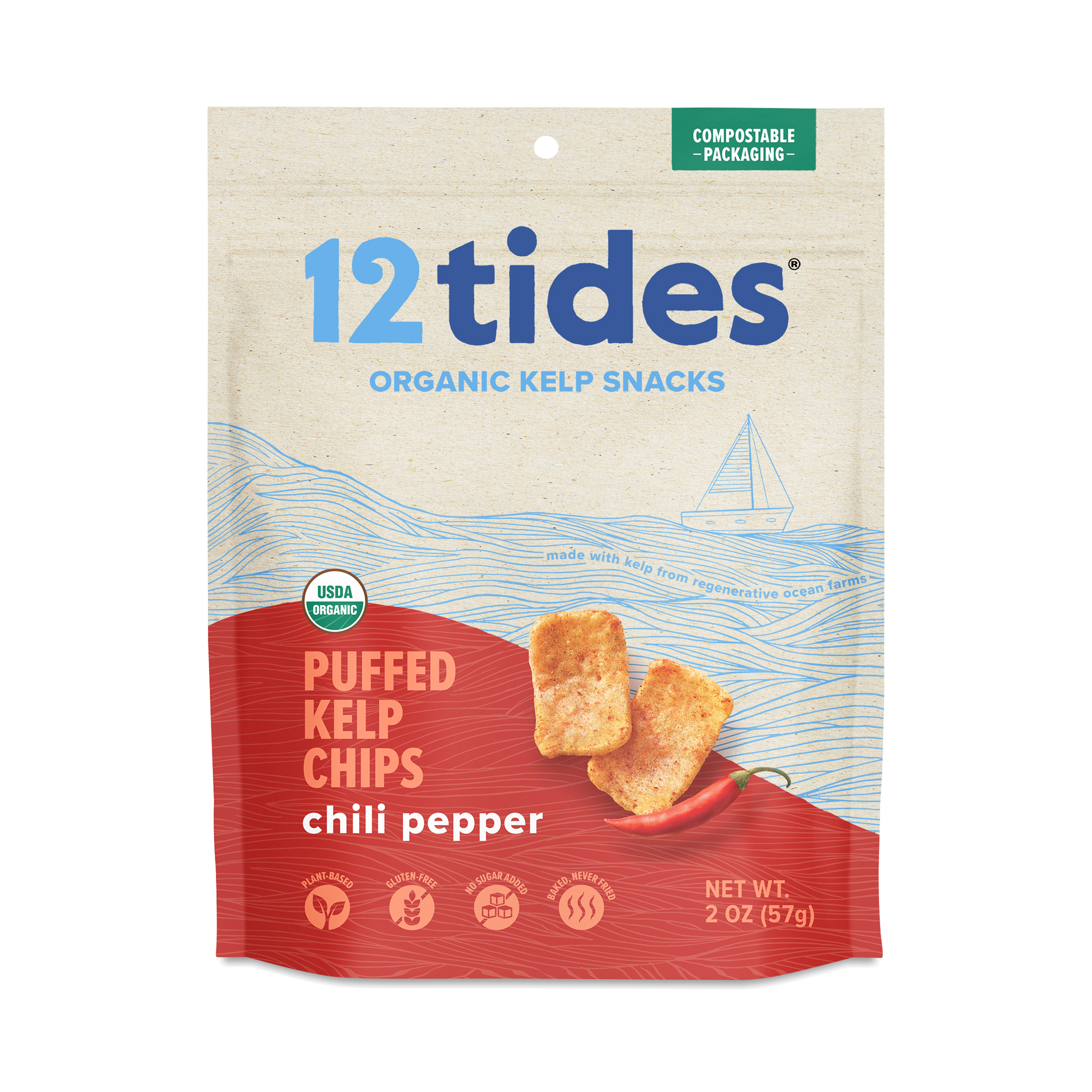 12 Tides Organic Puffed Kelp Chips, Chili 2 oz pouch