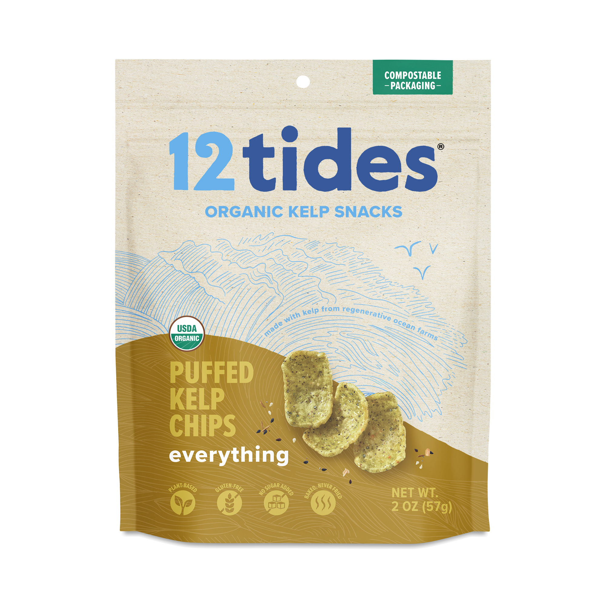 12 Tides Organic Puffed Kelp Chips, Everything 2 oz pouch