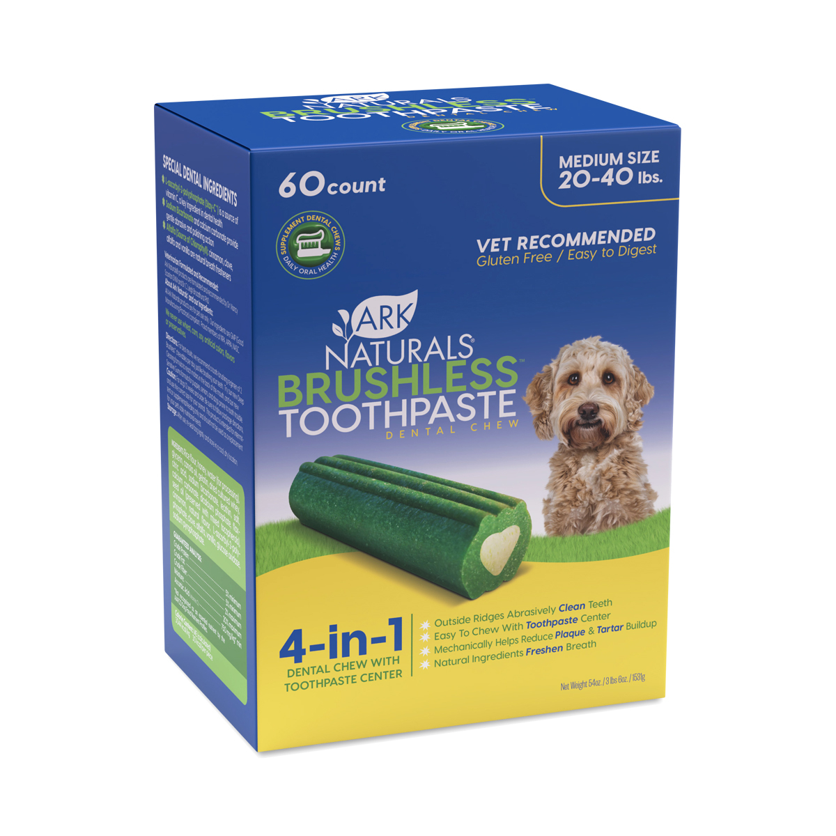 Ark Naturals Brushless Toothpaste Dental Chew, Medium 20-40 lbs 60 count