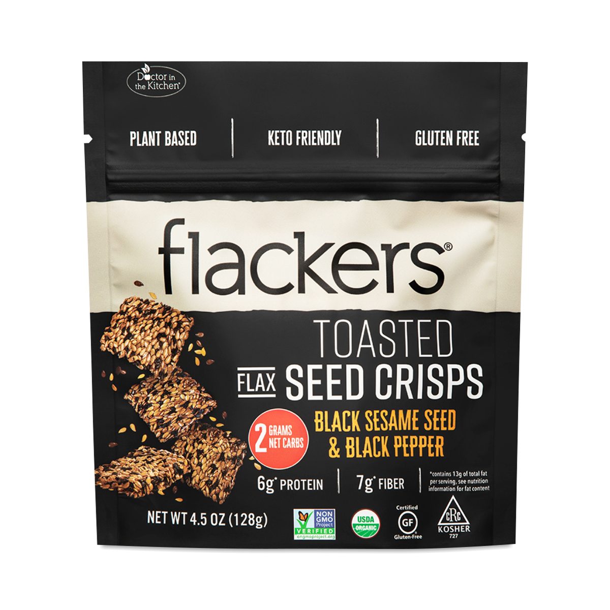 Doctor in the Kitchen Flackers - Black Sesame & Black Pepper Toasted Seed Crisps 4.5 oz pouch