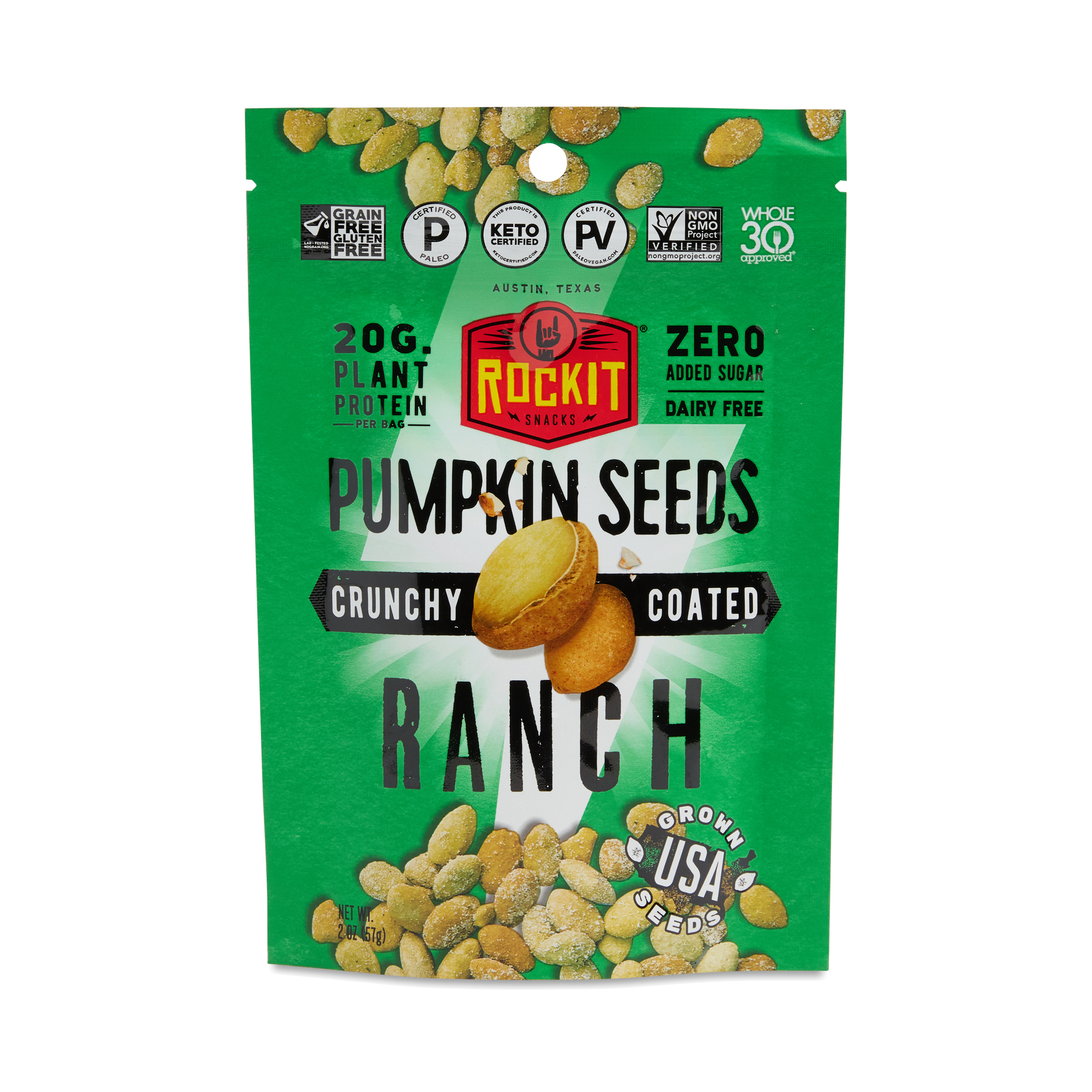 RockIt Snacks Crunchy Coated Pumpkin Seeds, Ranch 2 oz bag