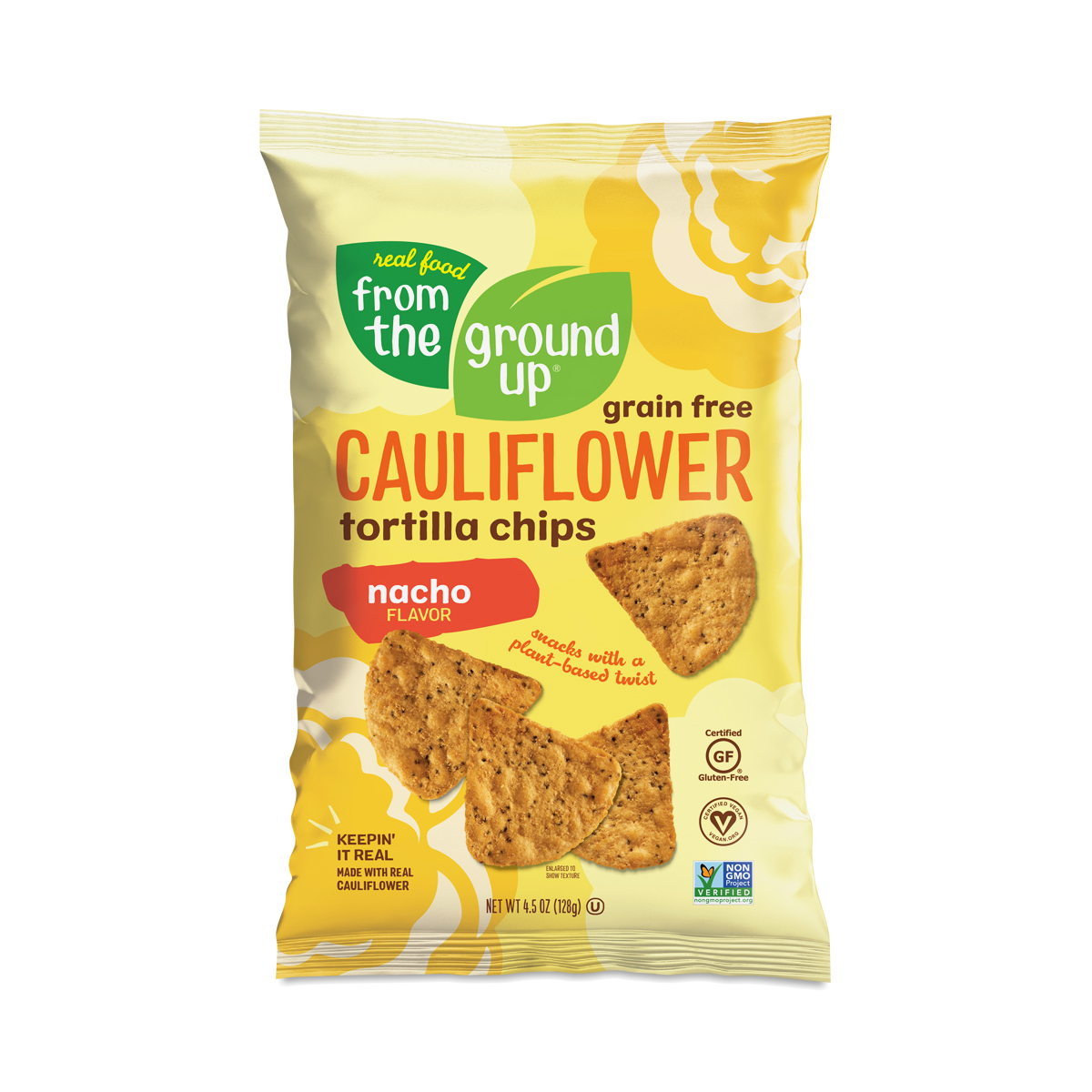 From The Ground UP Cauliflower Tortilla Chips, Nacho 4.5 oz bag