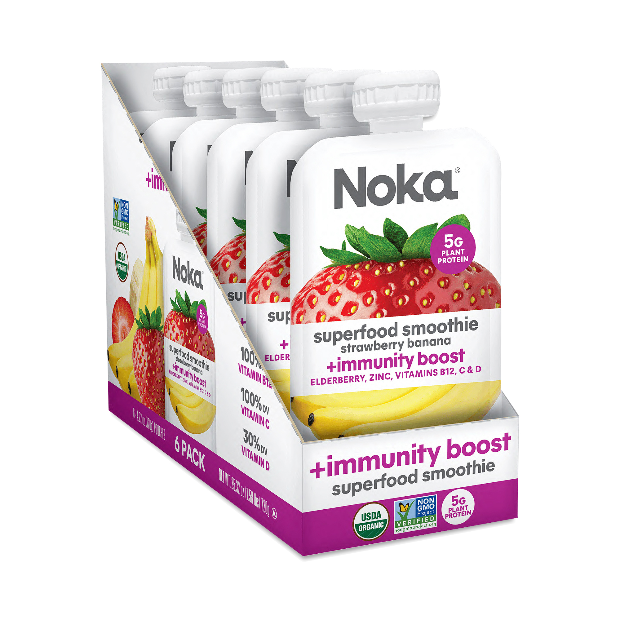 NOKA Organic Superfood Smoothie, Immunity Boost Strawberry Banana 6 pouches (4.22 oz each)