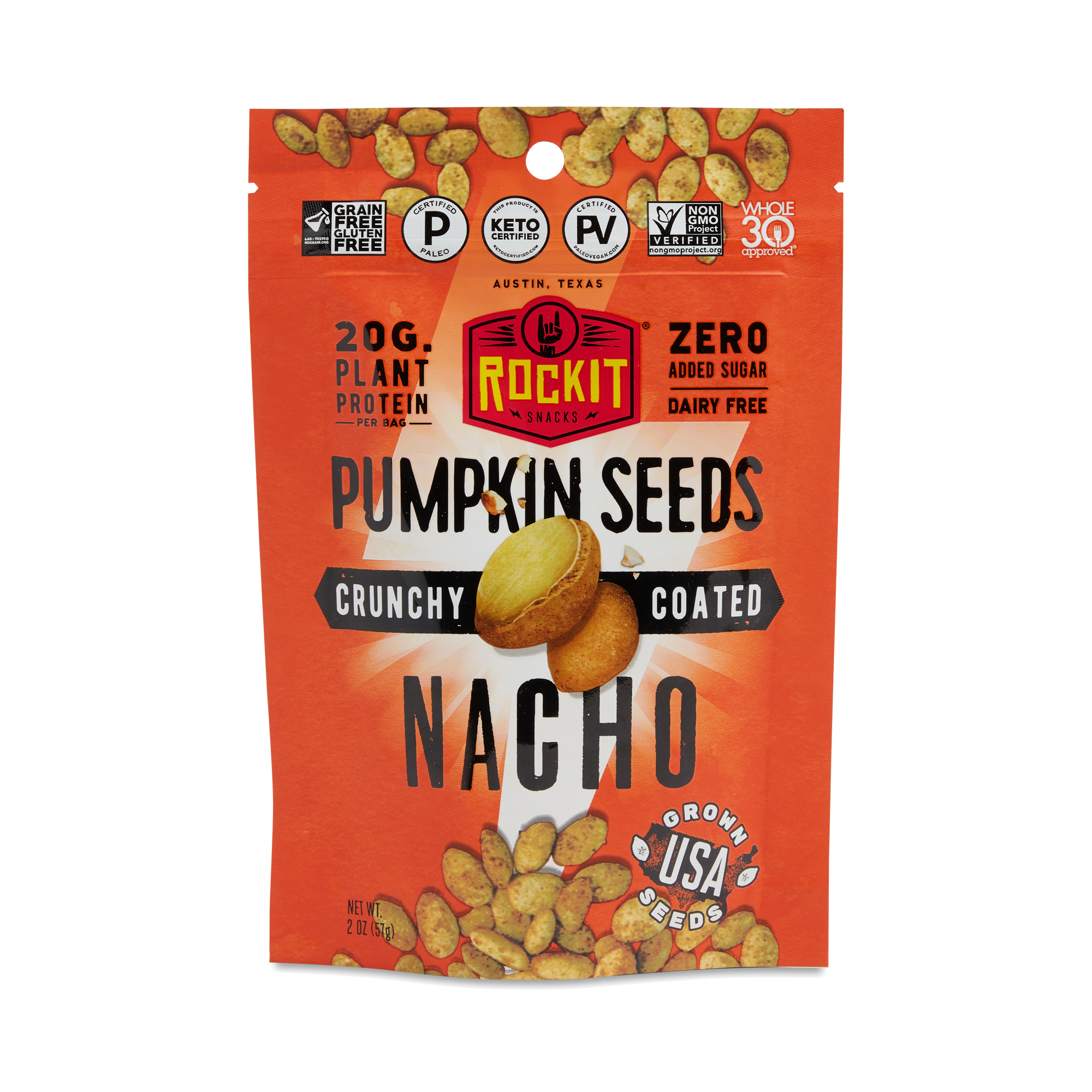 RockIt Snacks Crunchy Coated Pumpkin Seeds, Nacho 2 oz bag