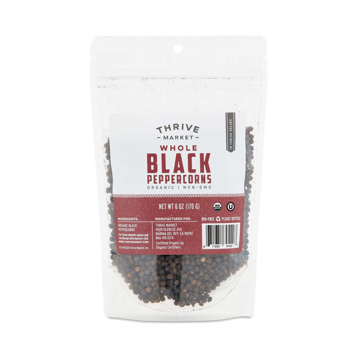 Thrive Market Organic Whole Black Peppercorns, Value Size 6 oz bag