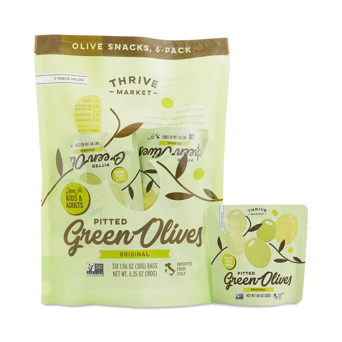 Thrive Market Pitted Green Olives, Original 6 bags (1.06 oz each)