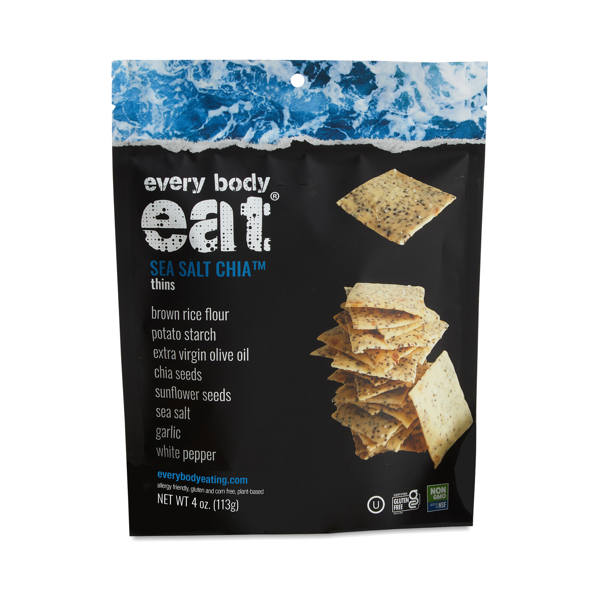 Every Body Eat Snack Thins, Sea Salt Chia 4 oz pouch