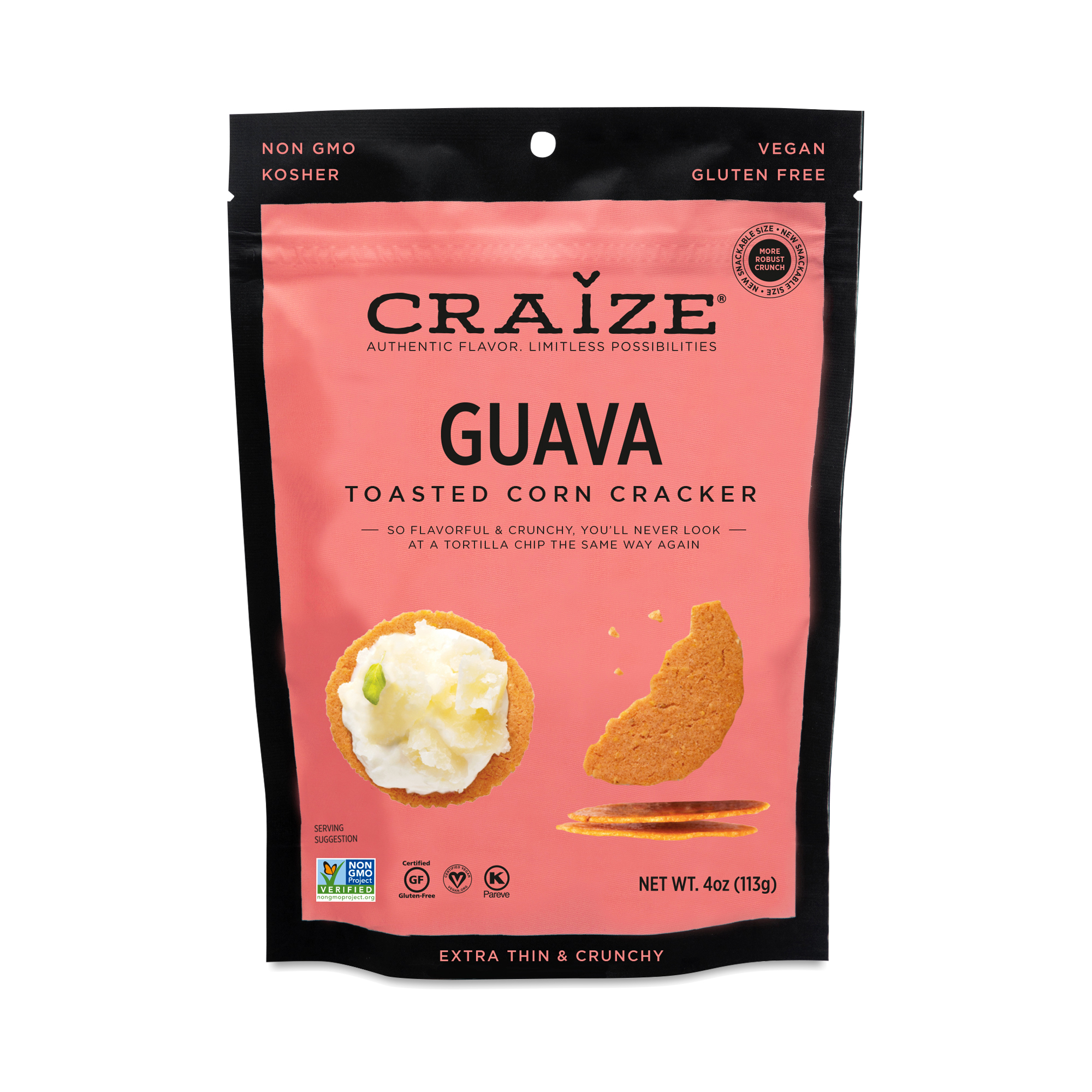 Craize Toasted Corn Crackers, Guava 4 oz pouch
